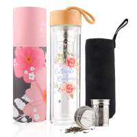 Double Wall Printed Glass Tea Bottle with Bamboo lid and tea infuser,Decal Borosilicate Glass Bottle with tea stainer for travel